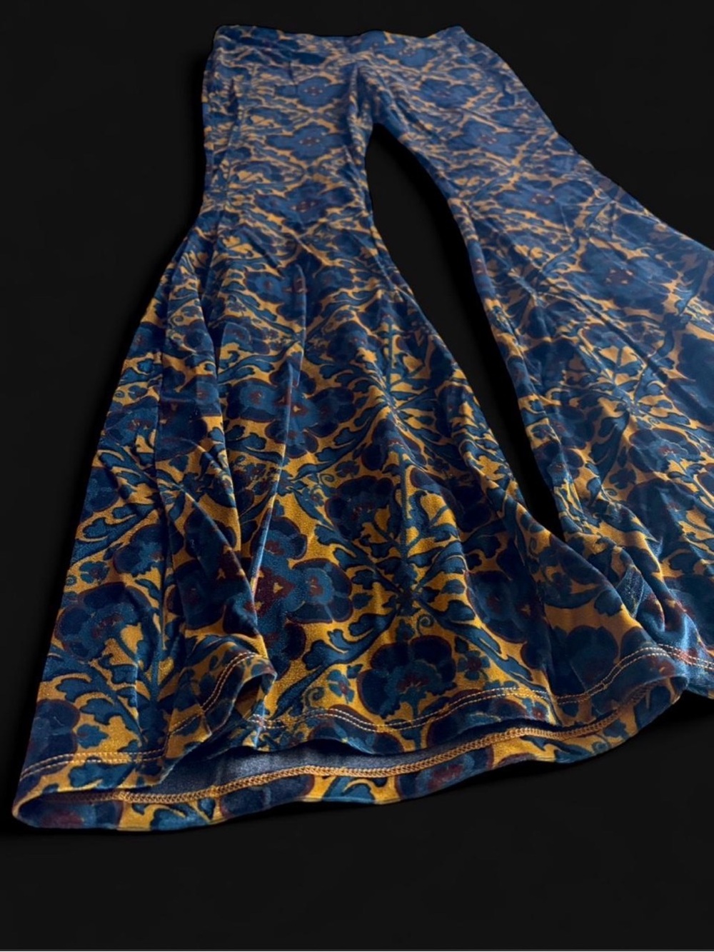 Free People Blue and Gold Floral Velvet Bell Bottom Pants - Picture 2 of 6